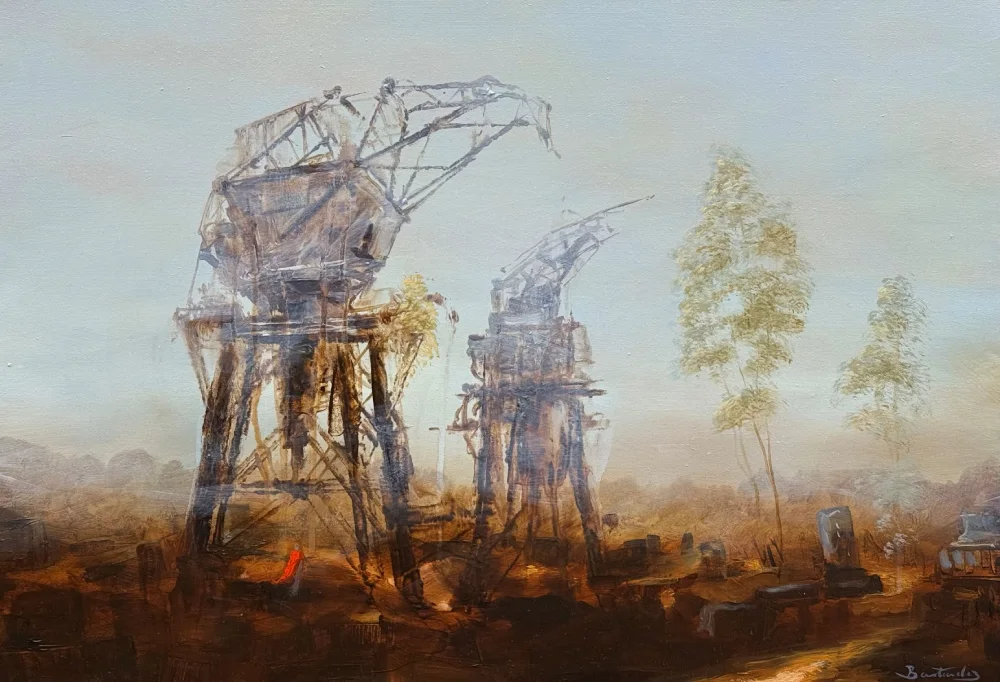 Deux grues et arbres