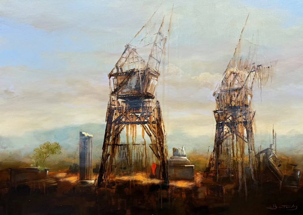 Deux grues et ruines